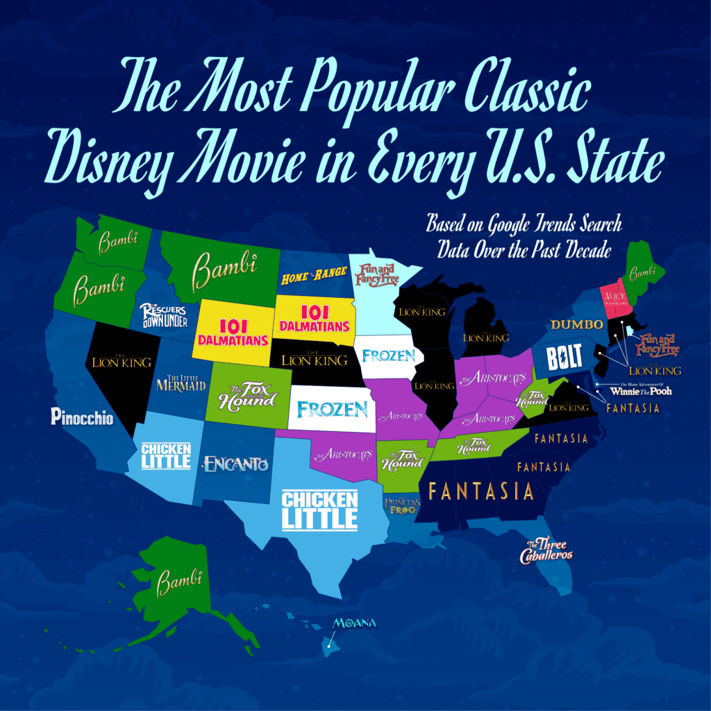 U.S. map graphic of the most searched Disney classic film in each U.S. state